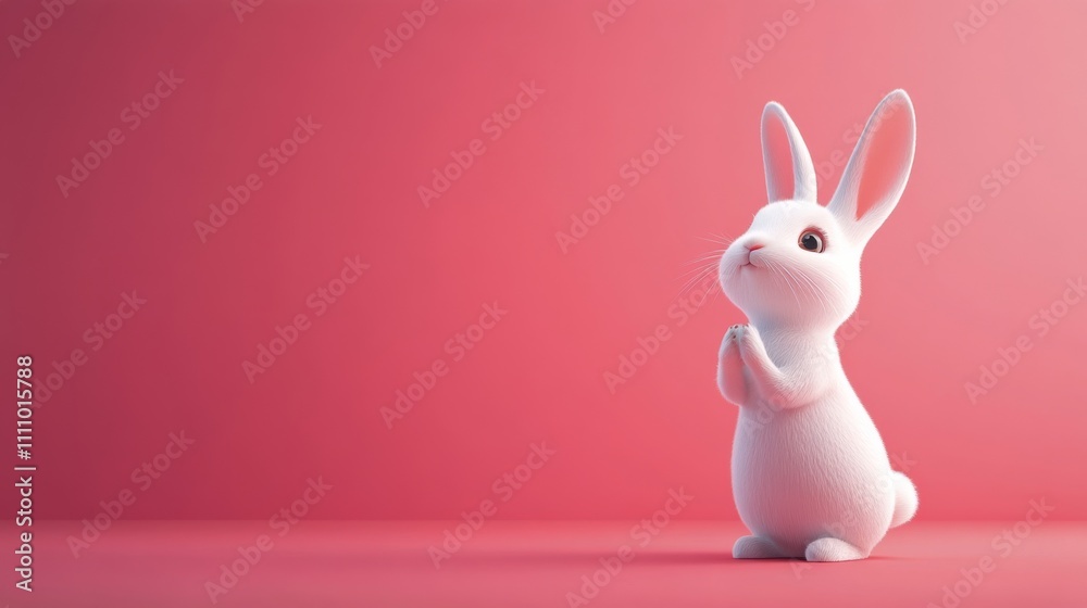 Obraz premium A small white rabbit rests on a soft pink background, showcasing its bright eyes and fluffy fur