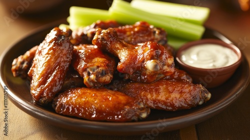 Photo of, A plate of succulent barbecue chicken wings glazed with honey bourbon sauce, Chicken wings on plate