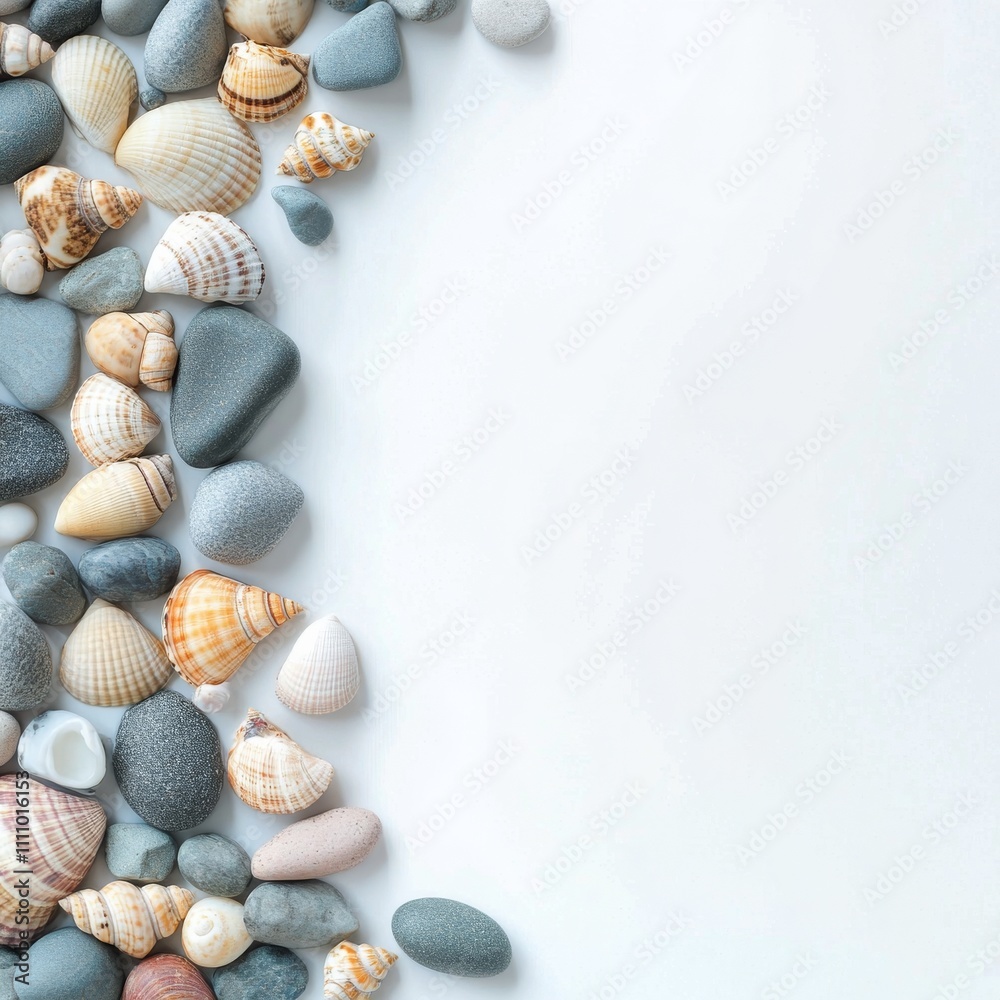 Obraz premium Colorful pebbles and seashells arranged for a coastal decor on a light background