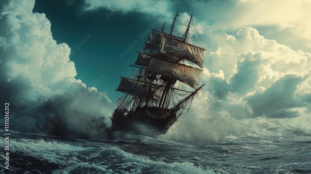 Fototapeta premium A majestic sailing ship navigating turbulent seas under dramatic clouds.
