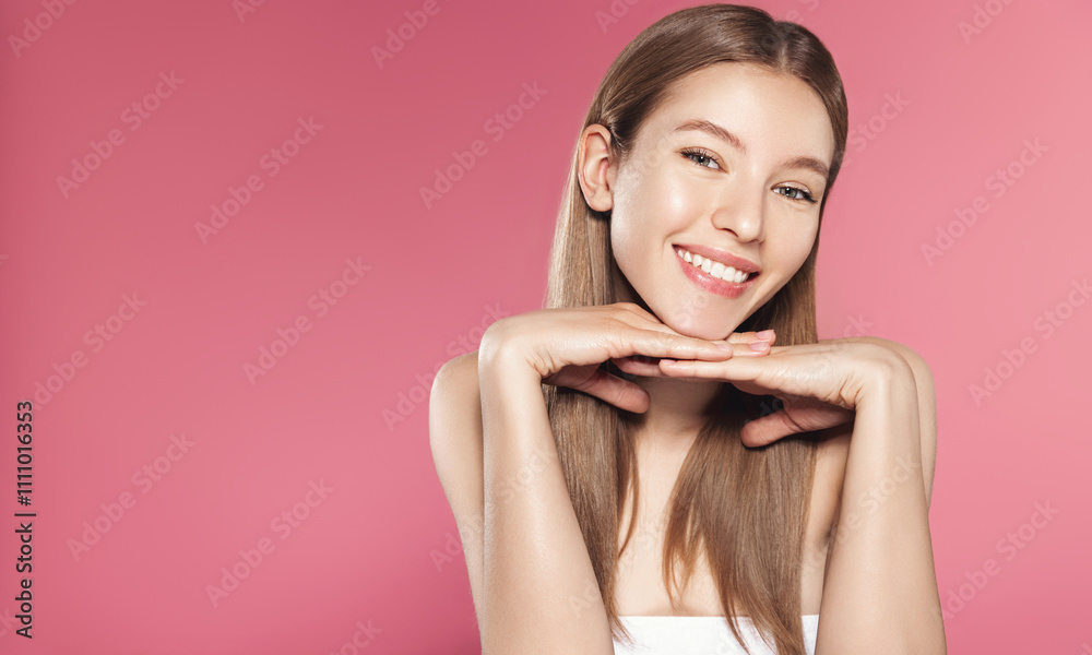 Beautiful young adult woman in profile with healthy shiny skin. Photo of gorgeous girl after morning beauty cosmetic routine finishes daily makeup on pink background. Youth and skin care concept Beautiful young adult woman in profile with healthy shiny skin. Photo of gorgeous girl after morning beauty cosmetic routine finishes daily makeup on pink background. Youth and skin care concept