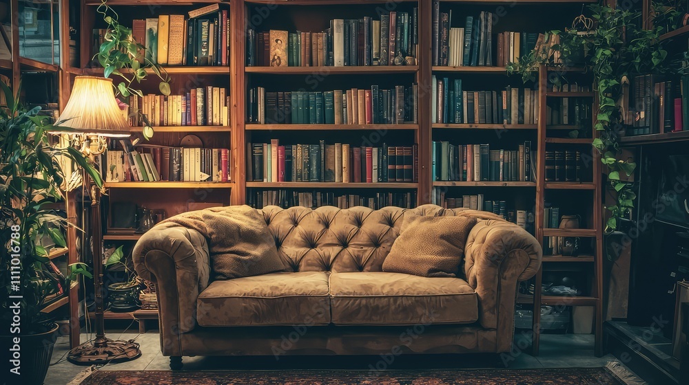 Cozy Reading Nook with Plush Couch Surrounded by Bookshelves and Greenery, Ideal for Relaxation and Study in a Warm, Inviting Atmosphere Cozy Reading Nook with Plush Couch Surrounded by Bookshelves and Greenery, Ideal for Relaxation and Study in a Warm, Inviting Atmosphere