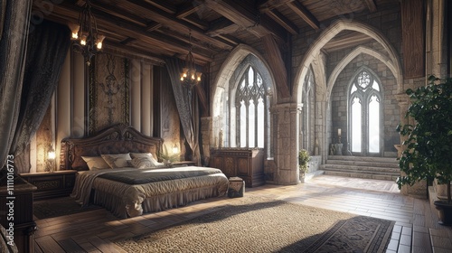 Serene Modern-Medieval Luxurious Master Bedroom with Plush Bed and Soft Lighting