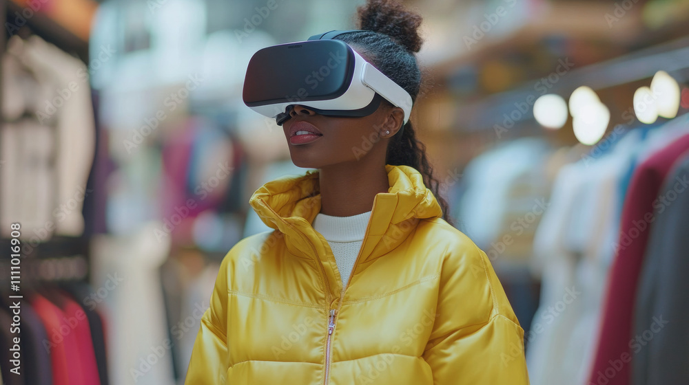 Black Woman Using Virtual Reality Headset for Online Shopping, Browsing through Stylish Seasonal Sports items. Ordering from Mock-up Internet Store for e-Commerce products. Augmented Reality Black Woman Using Virtual Reality Headset for Online Shopping, Browsing through Stylish Seasonal Sports items. Ordering from Mock-up Internet Store for e-Commerce products. Augmented Reality
