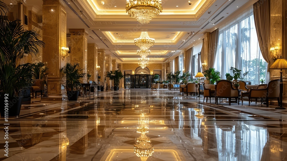 Obraz premium Elegant Hotel Lobby with Luxurious Chandeliers and Reflective Marble Floors Surrounded by Lush Greenery in a Stunning Architectural Design
