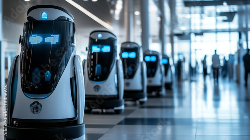 Smart hospitality industry concept, airport or hotel using robot to scan and personal data check with customer who got covid-19 vaccinate by using face recognition detection technology