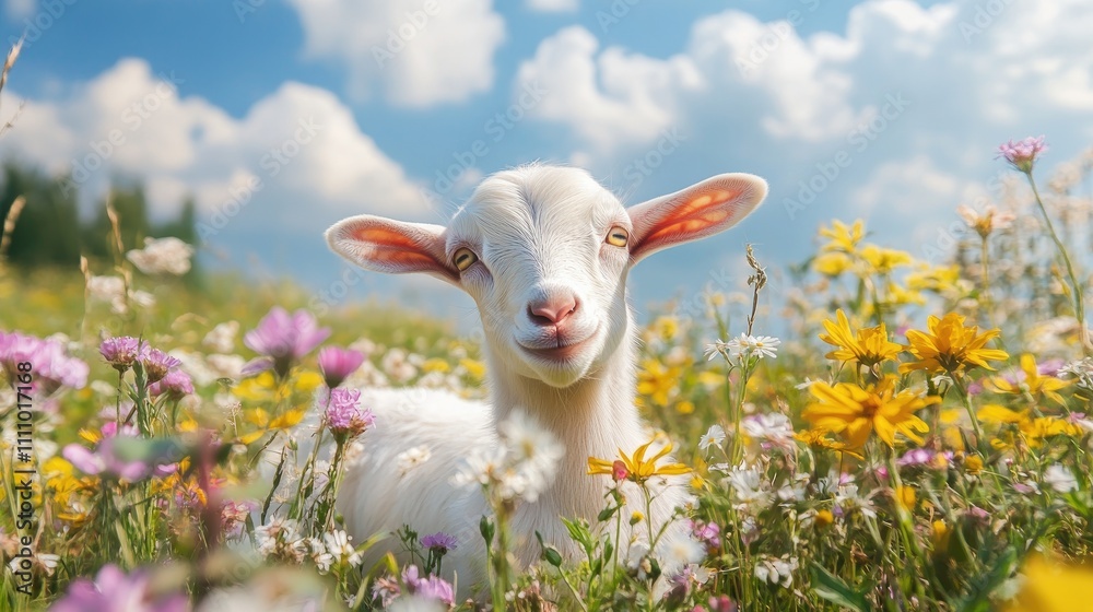 Two little funny baby goats playing in the field with flowers. Farm animals. Two little funny baby goats playing in the field with flowers. Farm animals.
