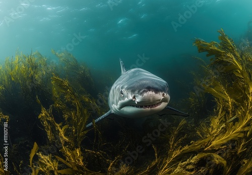 Majestic Great White Shark Gliding Through Vibrant Underwater Kelp Forest with Sunlight Filtering Through Water Surface in a Stunning Ocean Scene
