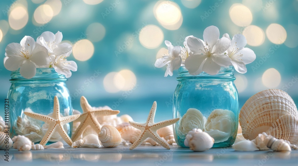 Obraz premium Fresh white flowers sit in blue glass jars surrounded by seashells and a starfish