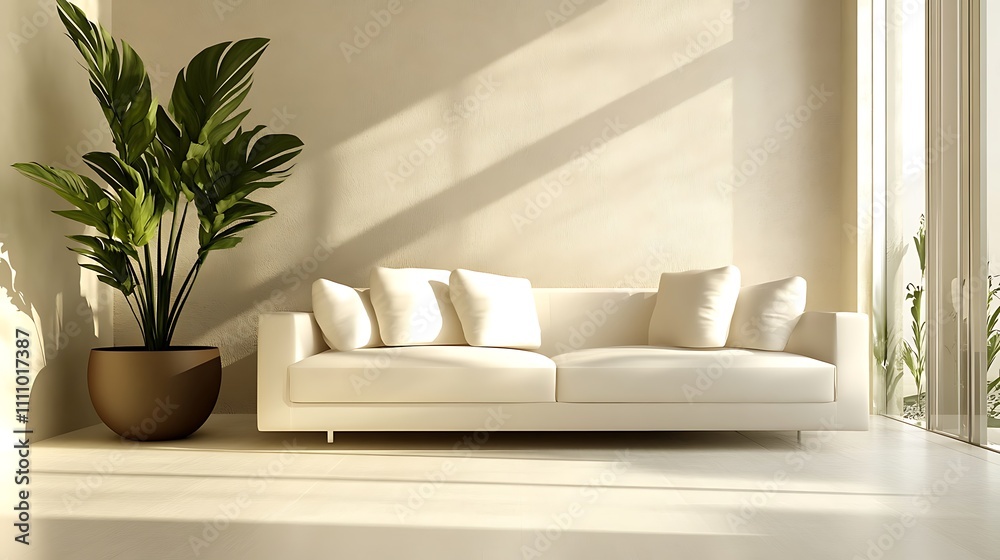 Modern living room interior with ornamental plants and an empty wall Modern living room interior with ornamental plants and an empty wall