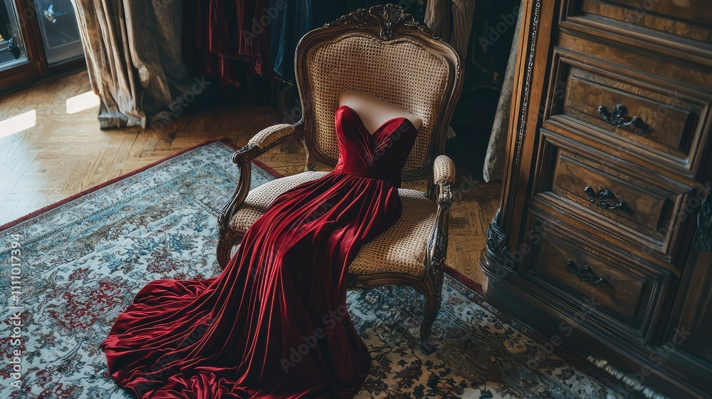 Obraz premium Elegant Red Evening Dress Draped on Vintage Chair in Luxurious Interior with Rich Textures and Warm Lighting Enhancing the Glamour of Fashion Photography