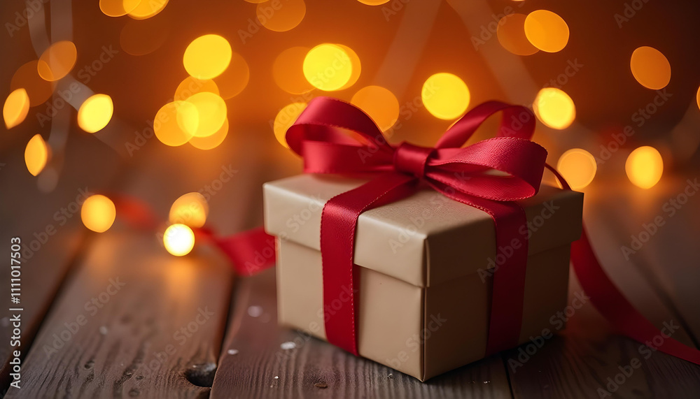 Box gift tied with red ribbon on blurry colorful light backgroun Box gift tied with red ribbon on blurry colorful light backgroun