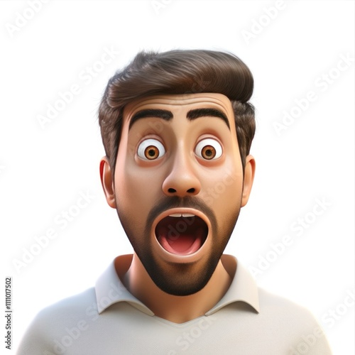 Closeup portrait of a man is afraid screams looking and stressed out and Isolated on white background. 3d cartoon style illustration or toy