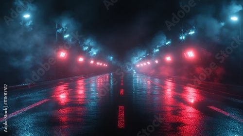 A neon-lit urban street at night with reflections and fog.