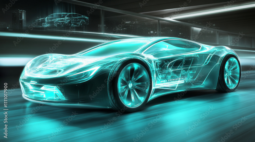 Obraz premium Automobile Engineers Designing Electric Car, Using CAD Software with 3D Holographic Projection Model of a Car Concept. In Automotive Innovation Facility Virtual Vehicle Design with Mixed Technology.