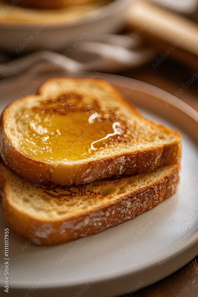 Toast with butter and honey drizzled on top in warm lighting setting on a wooden table Toast with butter and honey drizzled on top in warm lighting setting on a wooden table