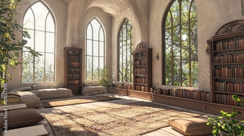 Serene Medieval-Inspired Reading Nook with Large Windows and Comfortable Seating for Book Lovers   Ultra-Detailed Interior Design