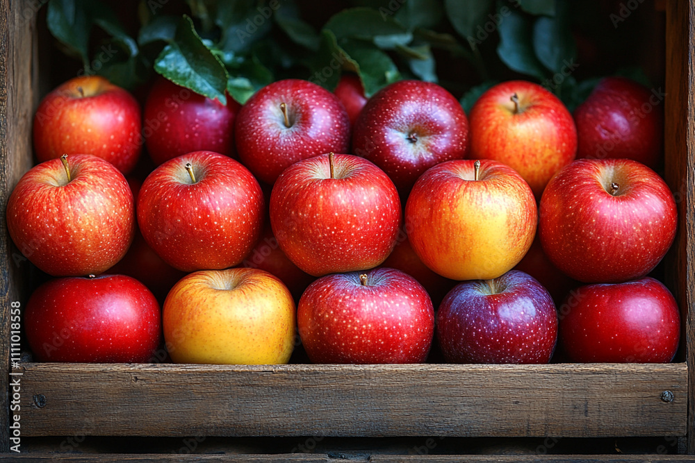 A Wooden Crate Filled With Red And Yellow Apples A Wooden Crate Filled With Red And Yellow Apples