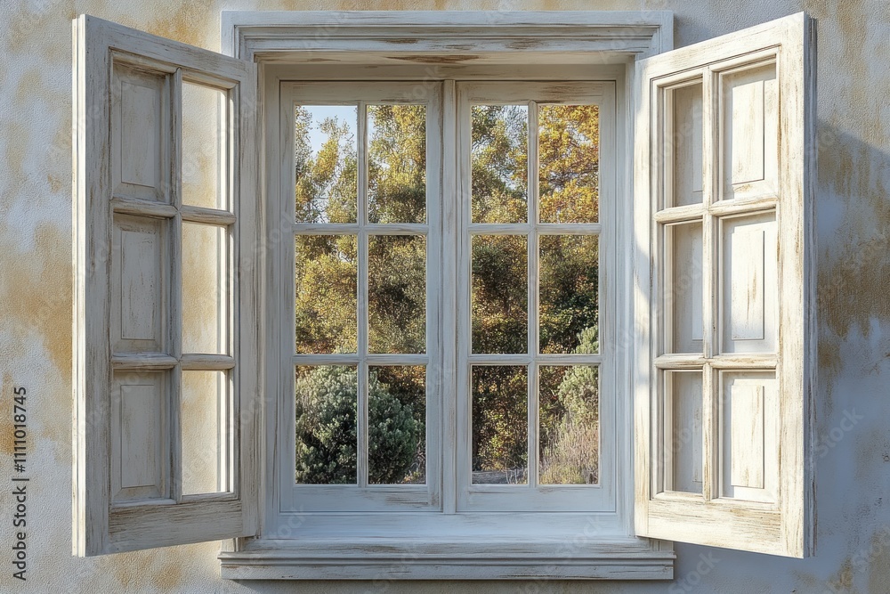 Open rustic window with autumnal view. Open rustic window with autumnal view.
