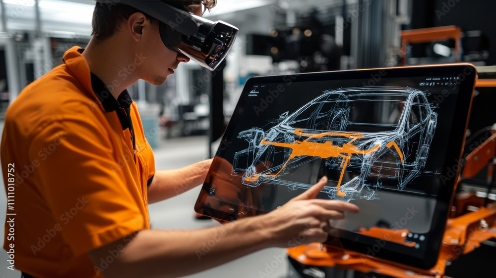 Automotive Engineer Working on Electric Car Chassis Platform, Using Tablet with Augmented Reality 3D Software. Innovative Facility: Vehicle Frame with Wheels Becomes a VFX Virtual Model. Automotive Engineer Working on Electric Car Chassis Platform, Using Tablet with Augmented Reality 3D Software. Innovative Facility: Vehicle Frame with Wheels Becomes a VFX Virtual Model.