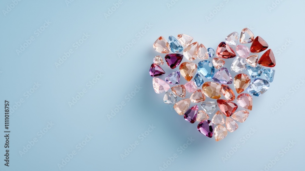 Colorful 3D Heart Shape Made of Various Gemstones on Light Blue Background Perfect for Illustrations and Design Projects Colorful 3D Heart Shape Made of Various Gemstones on Light Blue Background Perfect for Illustrations and Design Projects