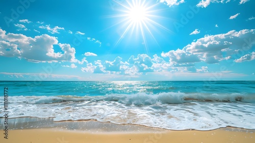 Tranquil Beach Scene with Crystal Clear Blue Water and Bright Sunlight Shining Over Gentle Waves and Soft Sandy Shoreline Under a Beautiful Sky with Fluffy Clouds photo