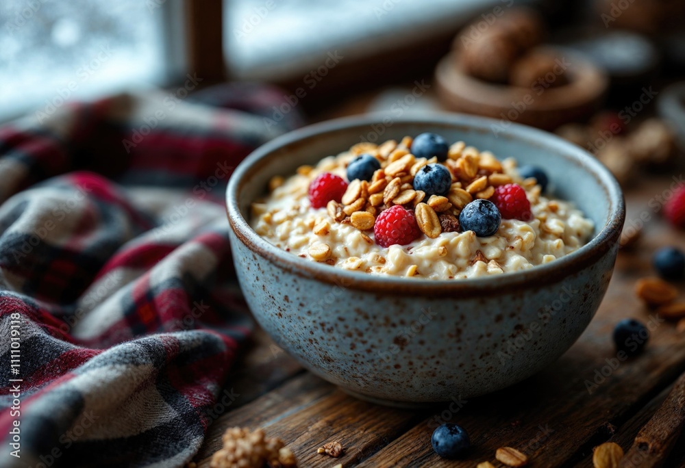 A bowl of oatmeal with blueberries and walnuts on top A bowl of oatmeal with blueberries and walnuts on top