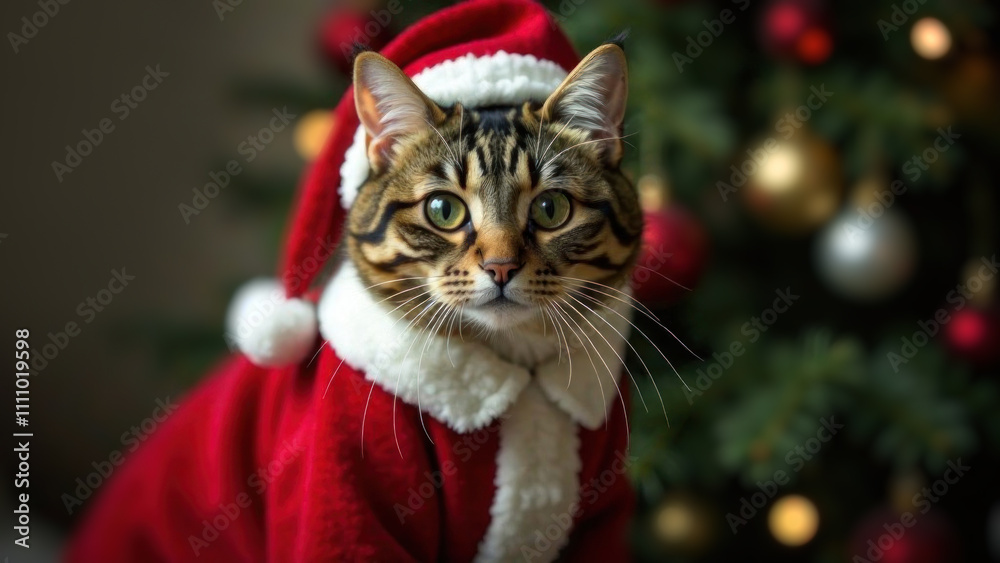 Portrait of cute tabby cat in a Santa Claus clothes and hat looking at the camera against the blurred background of Christmas tree lights. Holiday card. Copy space. New Year concept. Domestic animal Portrait of cute tabby cat in a Santa Claus clothes and hat looking at the camera against the blurred background of Christmas tree lights. Holiday card. Copy space. New Year concept. Domestic animal