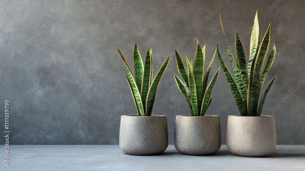 Three indoor plants in modern pots casting shadows on a textured wall Three indoor plants in modern pots casting shadows on a textured wall