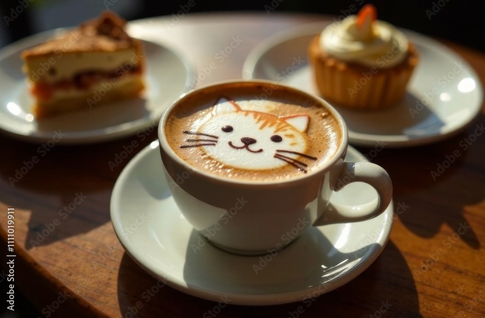 The face of a cute cat is drawn with cinnamon on the milk foam of a cup of cappuccino, latte. Nearby there is dessert on the cafe table The face of a cute cat is drawn with cinnamon on the milk foam of a cup of cappuccino, latte. Nearby there is dessert on the cafe table