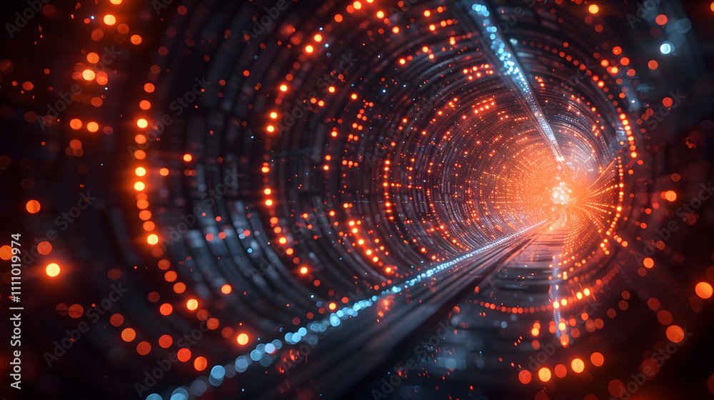 Obraz premium Picture a futuristic tunnel with vibrant glowing lights, emanating a sense of dynamic energy and hightech innovation. Its abstract, cyberpunk design creates a modern, electric atmosphere