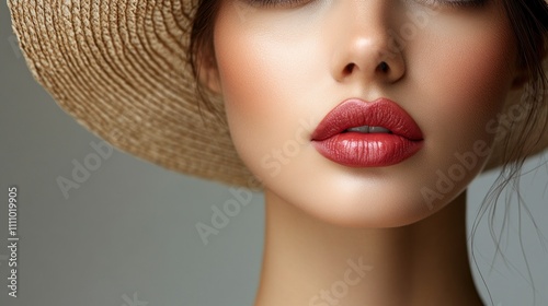 Close-up of a Woman's Face with a Straw Hat, Beauty and Summer Fashion