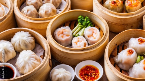 Photo of, A platter of assorted dim sum including steamed dumplings, spring rolls