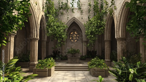 Tranquil Medieval-Inspired Outdoor Courtyard Retreat with Stone Walls, Lush Greenery, and Serene Seating for Reflection | Photorealistic Ultra-Detailed Interior Design