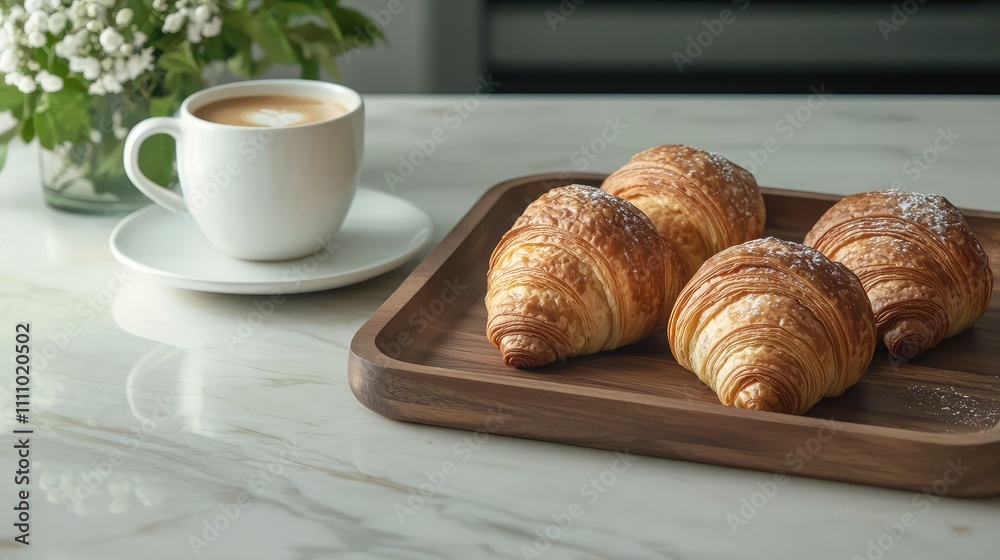 Freshly Baked Croissants Served on a Wooden Tray Beside a Cup of Coffee and a Floral Arrangement on a Marble Countertop Freshly Baked Croissants Served on a Wooden Tray Beside a Cup of Coffee and a Floral Arrangement on a Marble Countertop