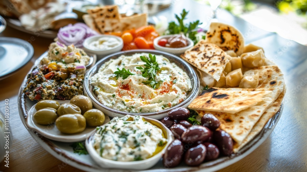 Photo of, A platter of assorted Greek mezze including tzatziki, hummus Photo of, A platter of assorted Greek mezze including tzatziki, hummus