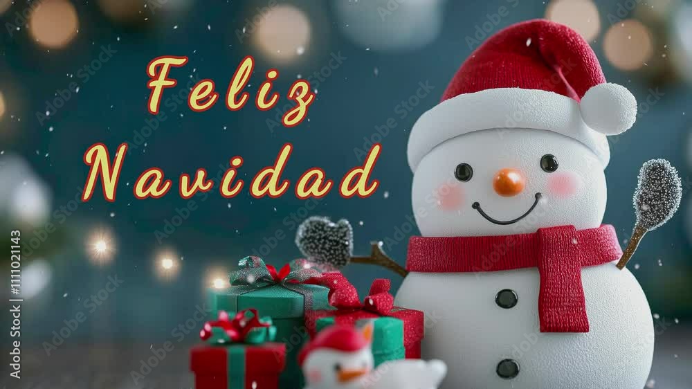 Animación de postal navideña con muñeco de nieve y regalos, está nevando y está escrito en Español 