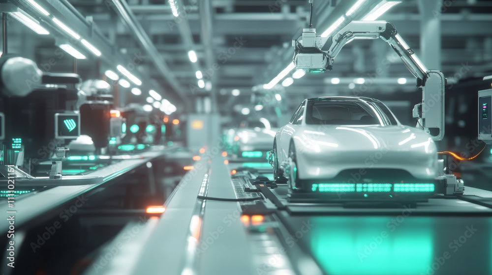 Side-View Car Factory Digitalization: Automated Robot Arm Assembly Line Manufacturing High-Tech Sustainable Electric Vehicles. Futuristic AI Computer Vision Analyzing, Scanning Production Efficiency Side-View Car Factory Digitalization: Automated Robot Arm Assembly Line Manufacturing High-Tech Sustainable Electric Vehicles. Futuristic AI Computer Vision Analyzing, Scanning Production Efficiency