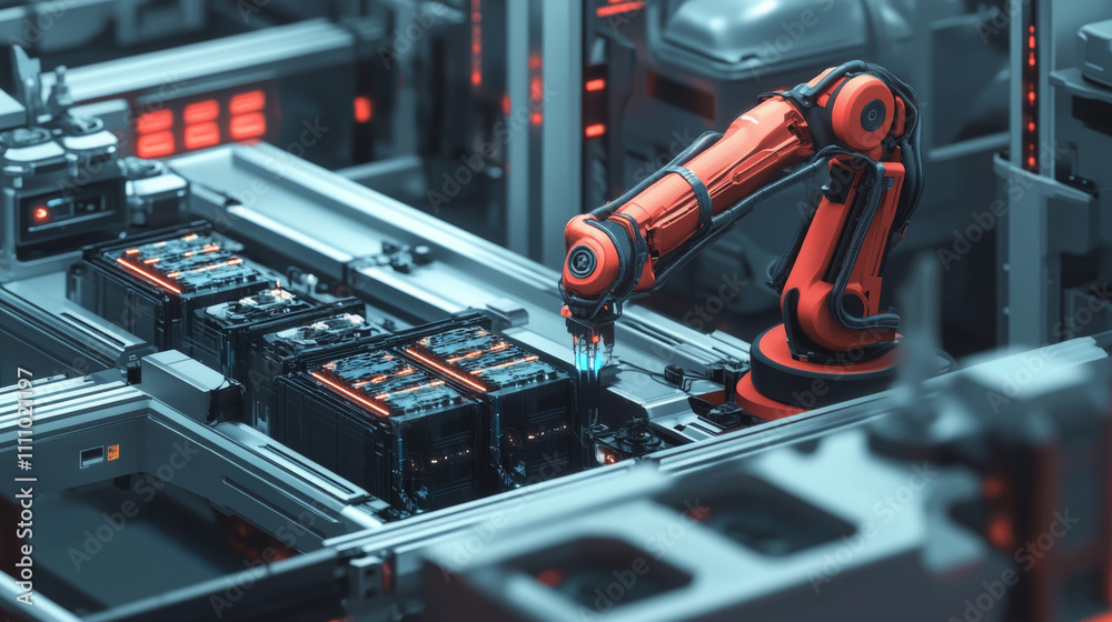 Fototapeta premium Industrial Robot Arms Assemble Lithium-Ion EV Battery Pack. Row of White Robotic Arms at Automated Production Line at Bright Modern Factory. Electric Car Manufacturing Inside Automotive Smart Factory