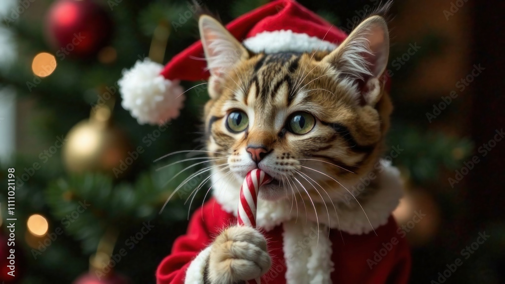 Portrait of cute tabby cat in a Santa Claus clothes and hat licking candy cane against the blurred background of Christmas tree lights. Holiday card. Copy space. New Year concept. Domestic animal Portrait of cute tabby cat in a Santa Claus clothes and hat licking candy cane against the blurred background of Christmas tree lights. Holiday card. Copy space. New Year concept. Domestic animal