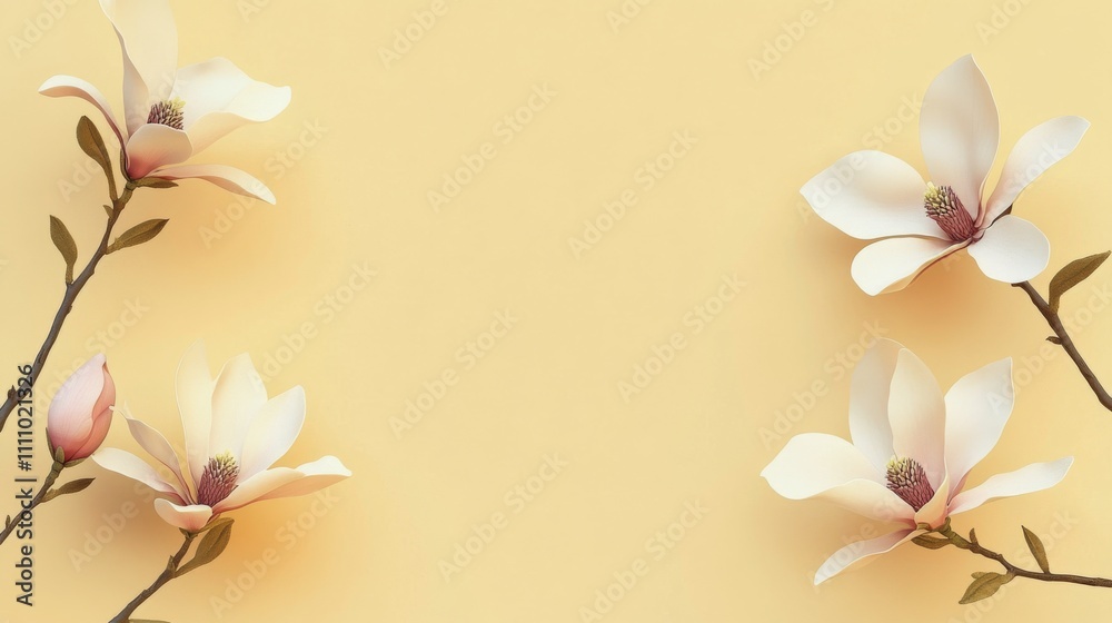 Fototapeta premium Beautiful magnolia flowers bloom on branches against a soft yellow background in springtime