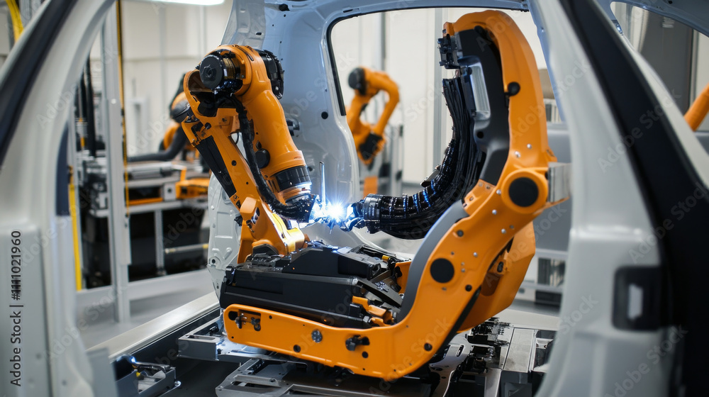 Team welding robots represent the movement in the automotive parts industry Team welding robots represent the movement in the automotive parts industry