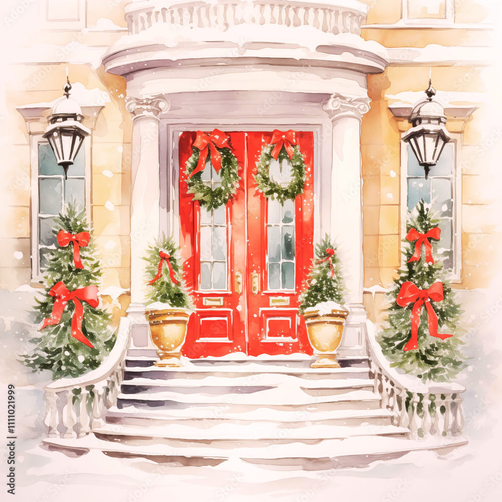Fototapeta premium Snowy Holiday Entrance with Red Doors and Festive Decorations