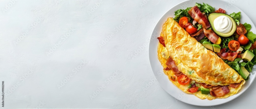 Delicious vegetable omelet served with fresh salad and avocado on a white plate Delicious vegetable omelet served with fresh salad and avocado on a white plate