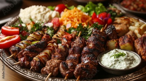 Photo of, A platter of assorted Middle Eastern kebabs including lamb, chicken