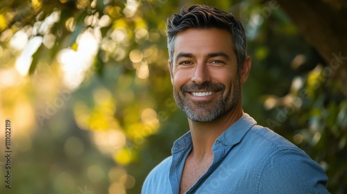 Smiling man stands amidst greenery enjoying a sunny day in a natural setting