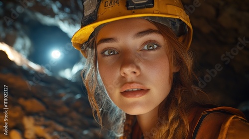 Close-up Portrait of a Young Female Speleologist in a Cave photo