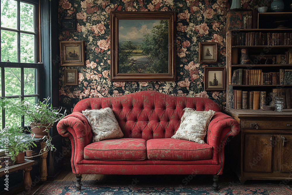 Fototapeta premium Red Sofa In A Victorian Style Room With Floral Wallpaper