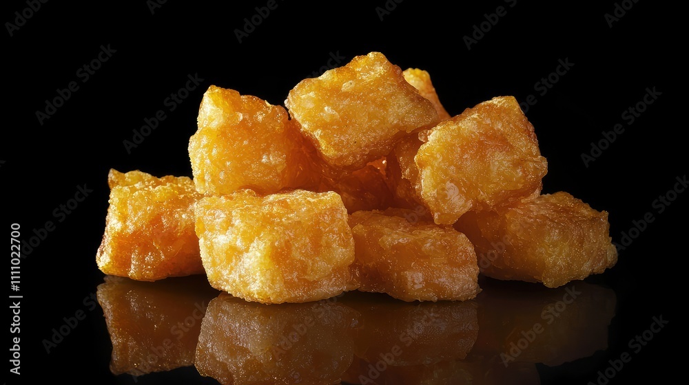 Golden Crispy Delicious Cubes of Fried Potatoes Stacked Neatly on a Dark Background with Reflective Surface for Food Photography and Culinary Inspiration Golden Crispy Delicious Cubes of Fried Potatoes Stacked Neatly on a Dark Background with Reflective Surface for Food Photography and Culinary Inspiration