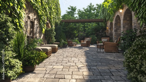 Modern-Medieval Oasis  Cozy Outdoor Patio with Stone Flooring and Lush Plants Creating a Relaxing Atmosphere